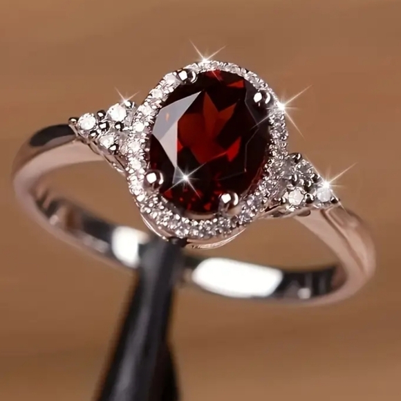 Jewelry - New Red Gemstone Halo Ring Silver Tone Statement Ring Promise Ring Various Sizes
